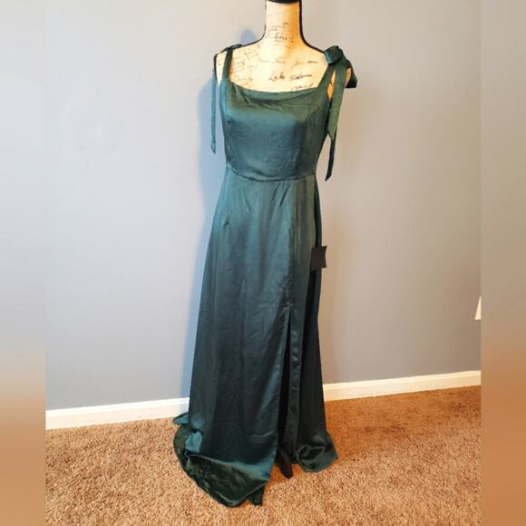 Lulus Tie Shoulder Satin Maxi Dress Green Gown Side Slit L - Picture 1 of 9